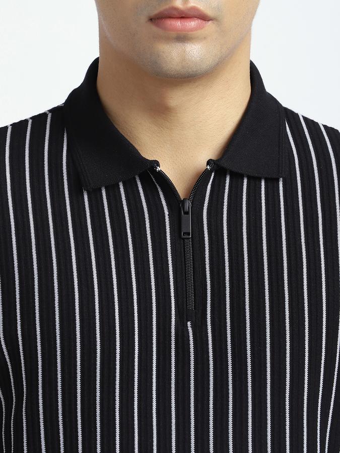 Men Cotton Blend Regular Fit Polo Neck Striped T-shirt