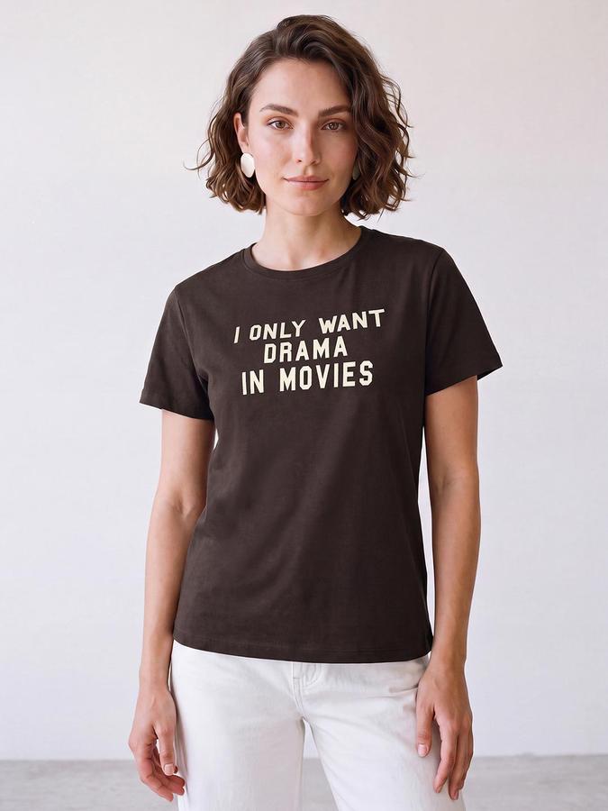R&B Women Brown Short Sleeve Round Neck Typography Graphic Print T-Shirt