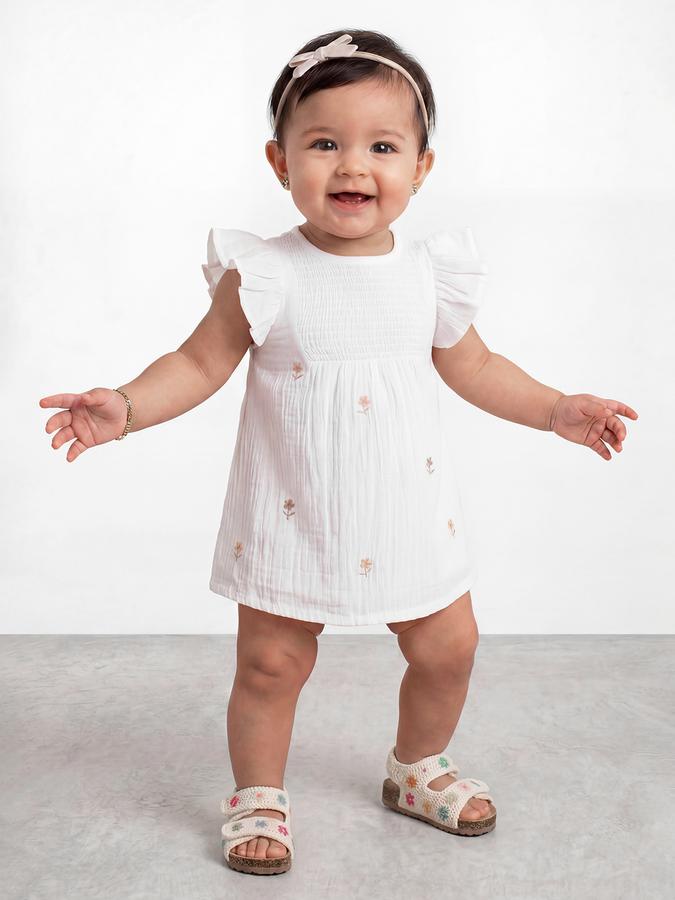 R&B Girl White Embroidery Floral Pure Cotton Flutter Sleeves Fit and Flare Dress