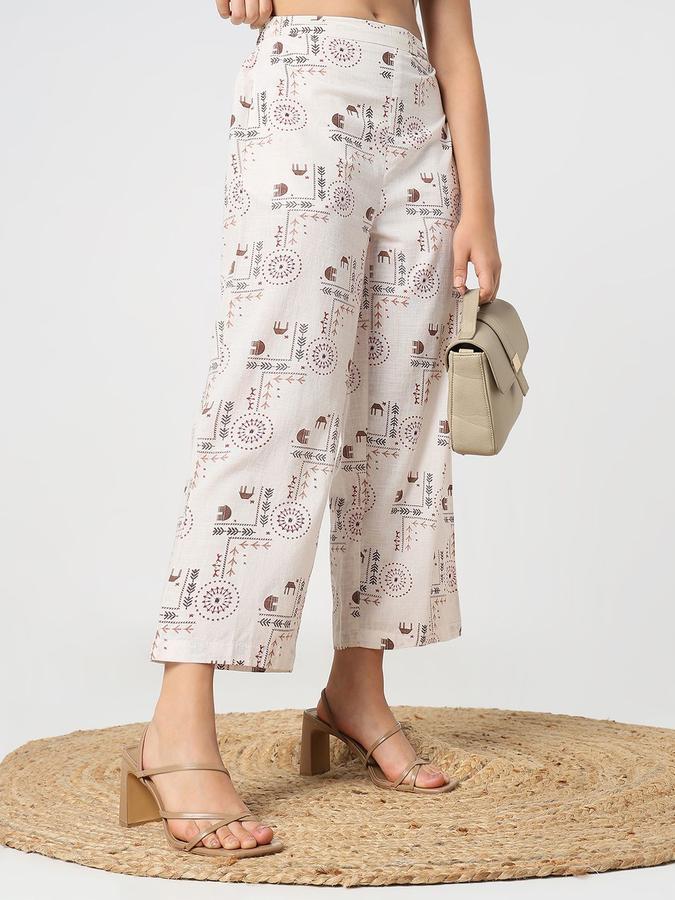 R&B Women Beige Printed Straight Fit Pants