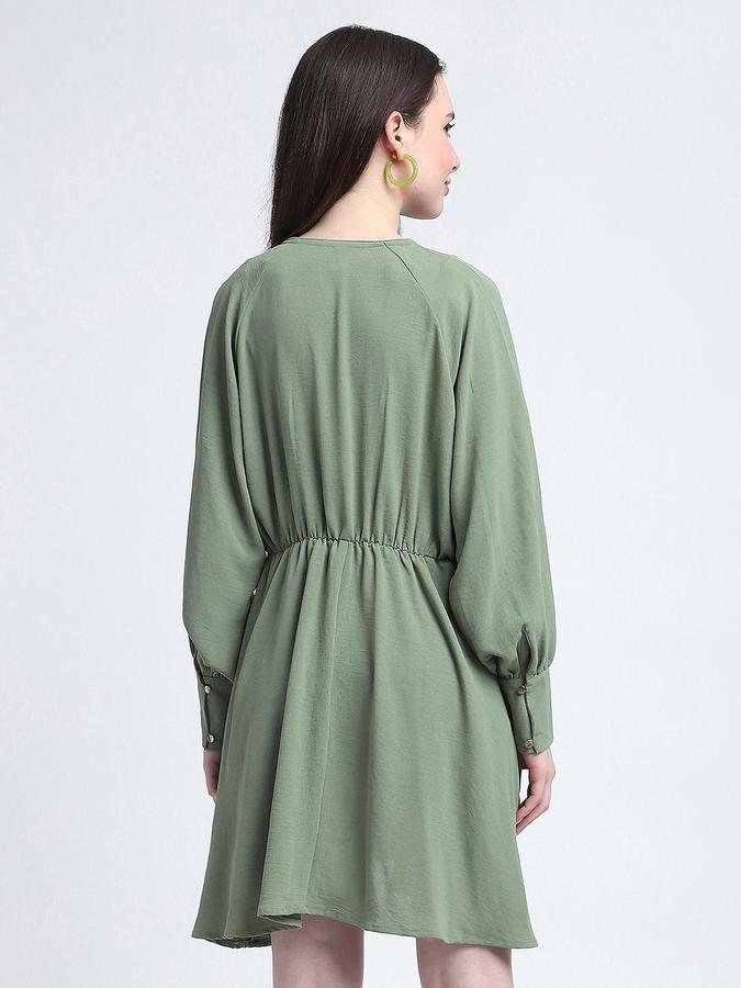 R&B Women Green V Neck Full Cuffed Sleeve Pure Polyster A-Line Mini Dress