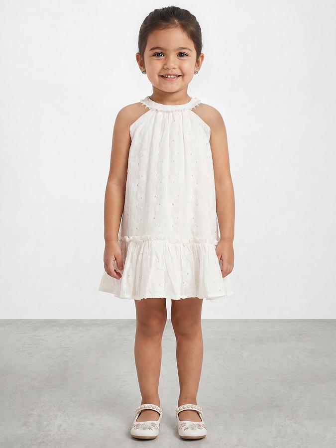 R&B Girl White  Self Design Pure Cotton Sleeveless A-Line Dress