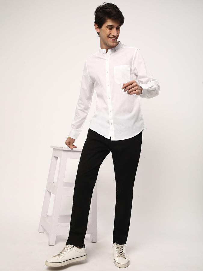 Men Cotton Slim Fit Flat Front Frayed Hem Solid Trousers