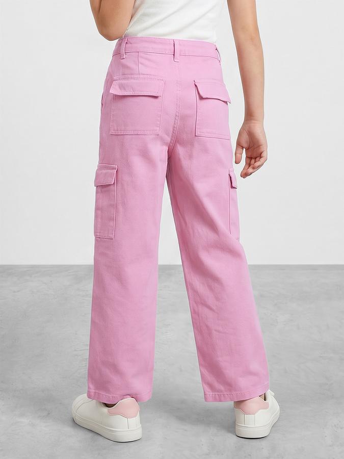 R&B Girls Pink Wide Leg Solid Mid-Rise Cotton Trouser