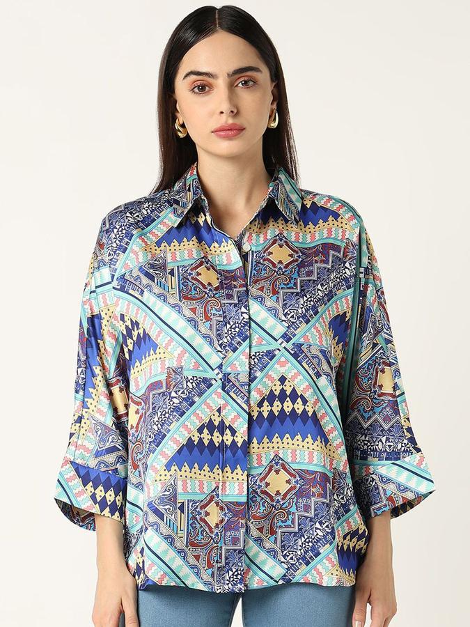 R&B Women Blue Geometric Print Long Sleeves Shirt 