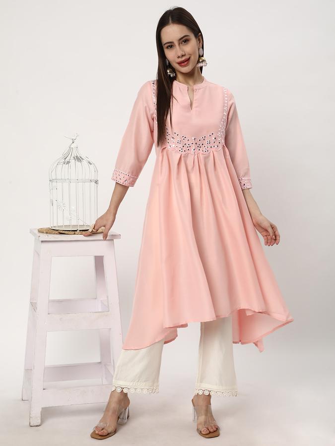 Women Poly Blend Regular Fit Mandarin Collar Embellished Kurta