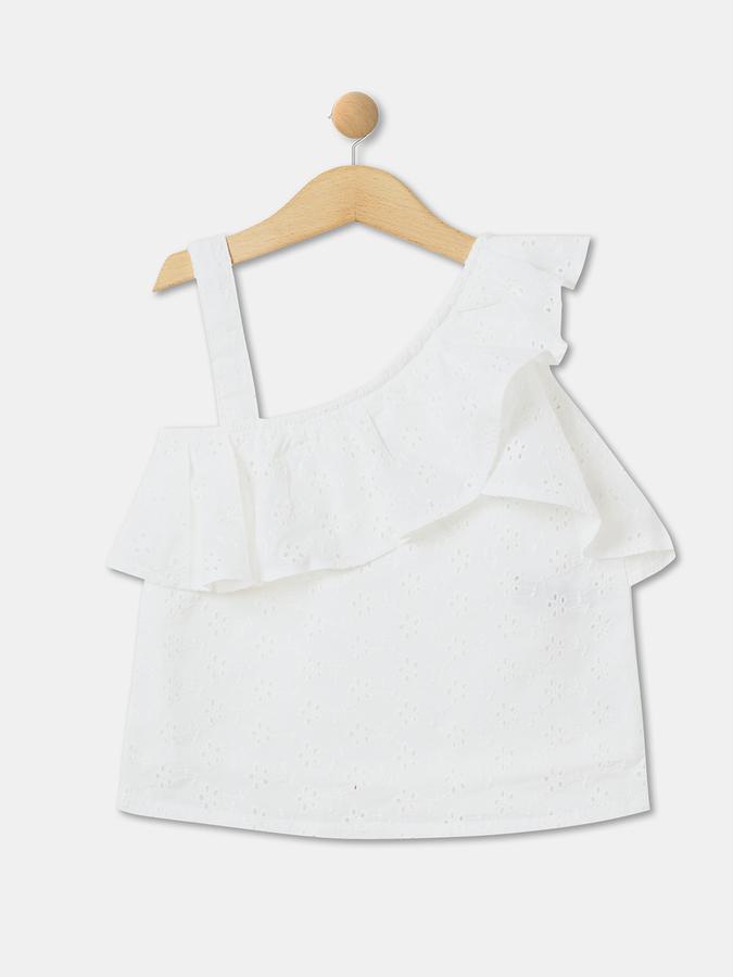 Girls Cotton Relaxed Fit Asymmetric Neck Short Sleeve Ruffled Eyelet Top