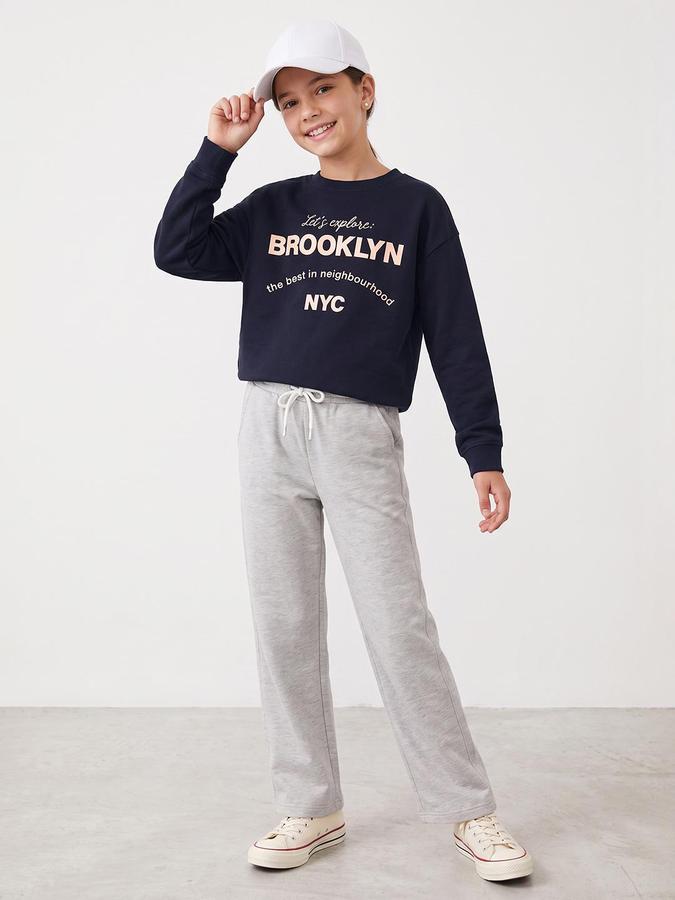 R&B Girls Dark Blue Graphic Print Round Neck Long Sleeves Sweatshirt