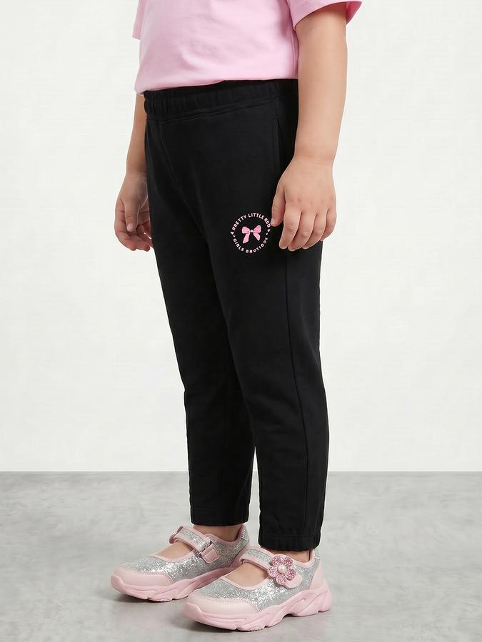 R&B Girls Black Straight Fit Graphic Printed Mid-Rise Cotton Track Pant