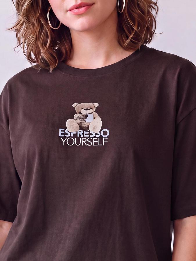 R&B Women Coffee Teddy Bear Graphic Print Pure Cotton Round Neck Short Sleeves T-Shirt