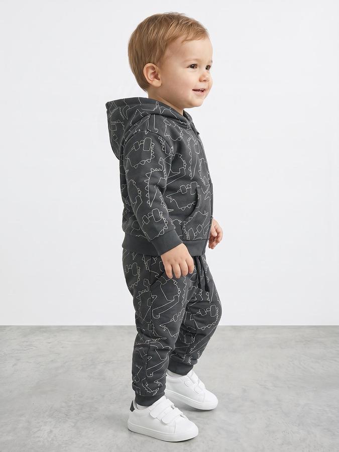 R&B Boys Long Sleeve Hooded Dinosaur Print Charcoal Hoodie and Jogger Set