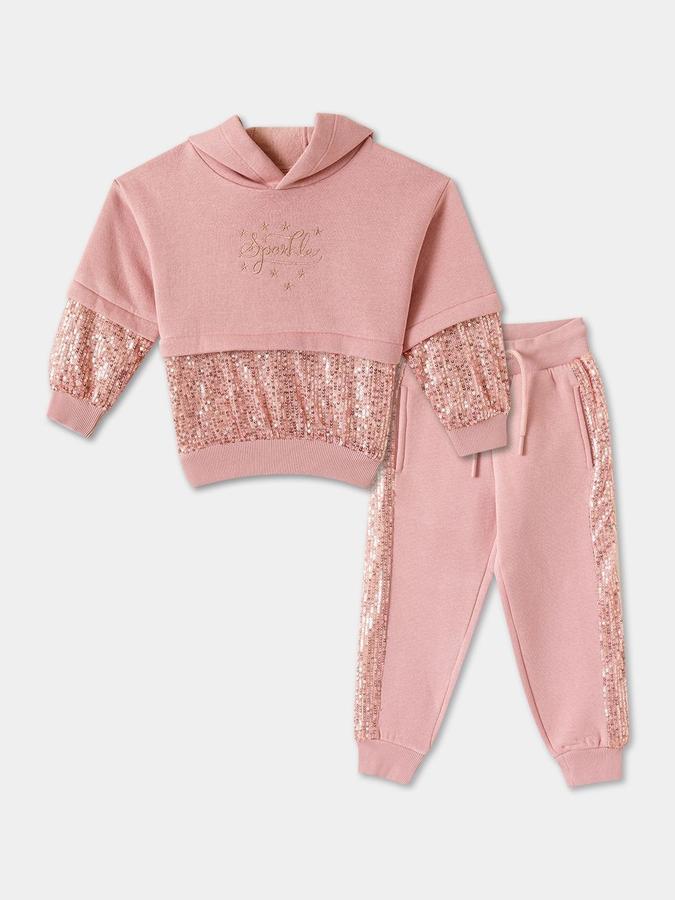 Girls Fleece Sequin Hooded Sweatshirt And Trousers Set