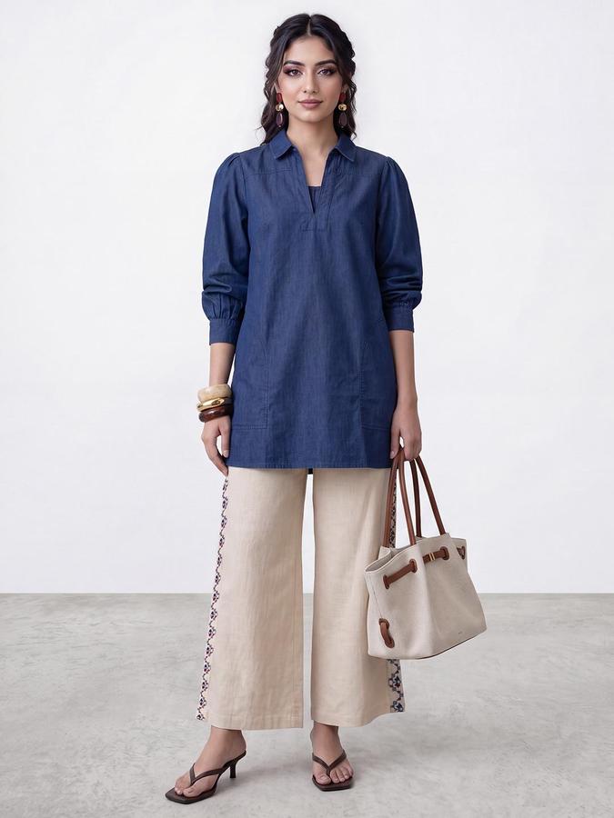 R&B Women Off White Embroidered Flat Front Palazzo