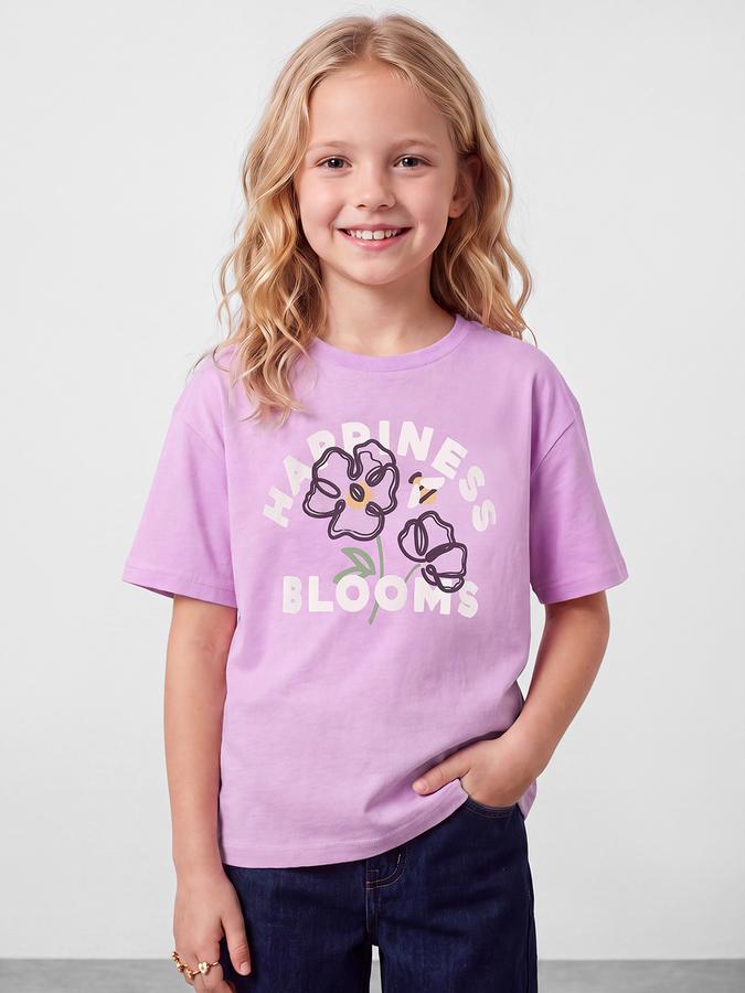 R&B Girls Purple Graphic Printed  Short Sleeves Pure Cotton T-shirt