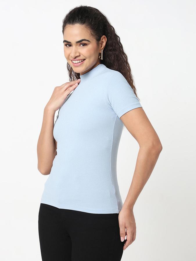 R&B Women Powder Blue Solid Ribbed Top