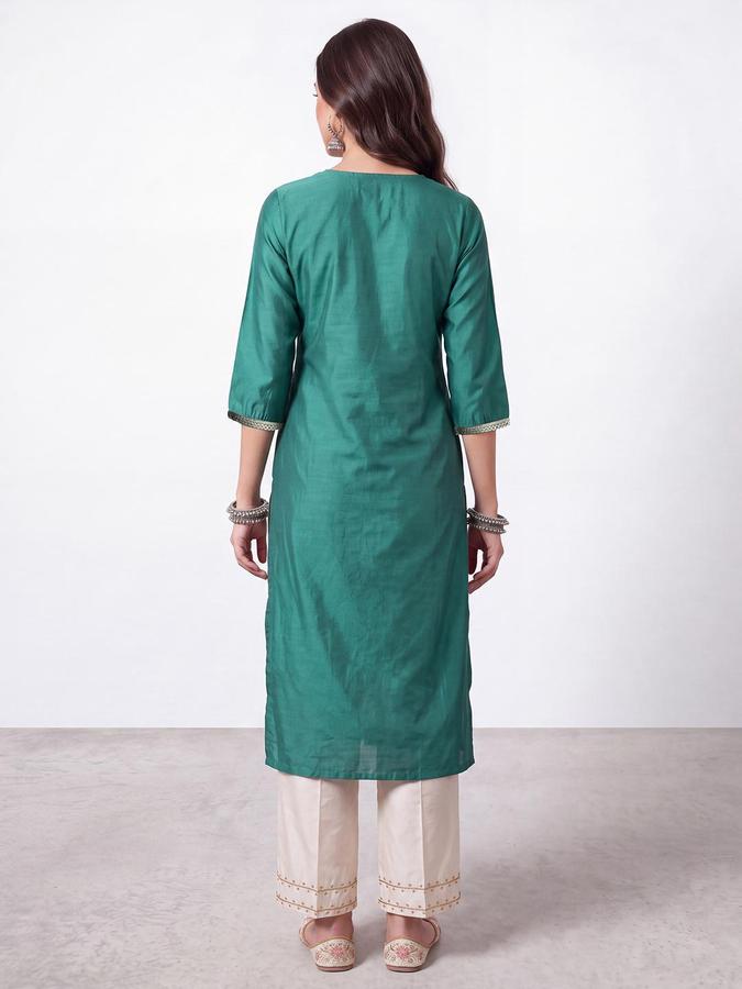 R&B Women Green Solid Round Neck Three-Quarter Sleeves Straight Kurta