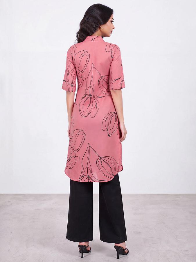 R&B Women Pink Floral Print Shirt Collar Short Sleeves Straight Kurta