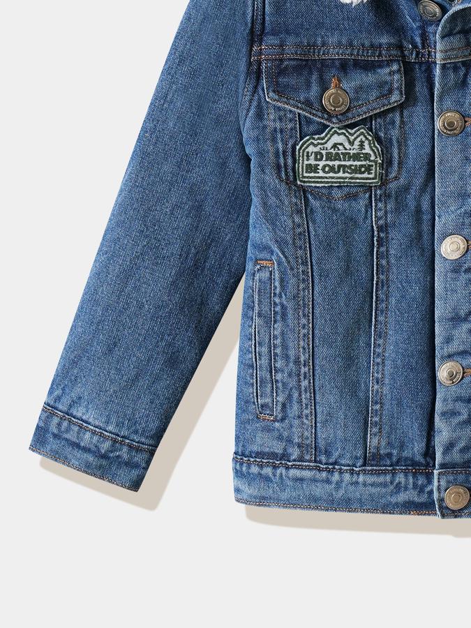 Boys Denim Sherpa Collar Button Front Embroidered Jacket