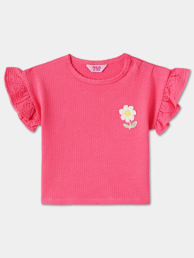 Girls Solid Ruffled Sleeve Embroidered Top with Shorts Set