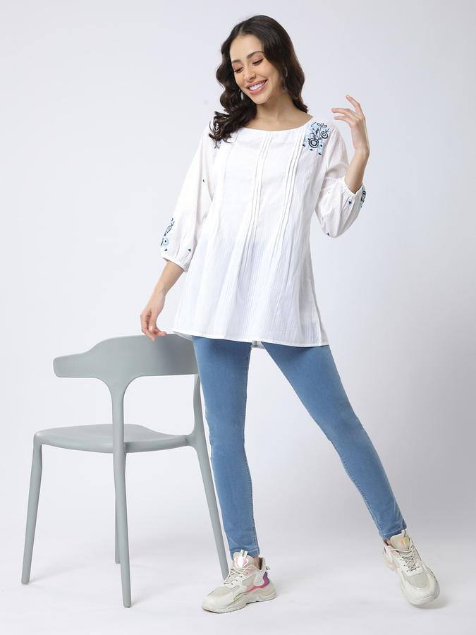 Women Cotton Relaxed Fit Round Neck Embroidered Ethnic Top