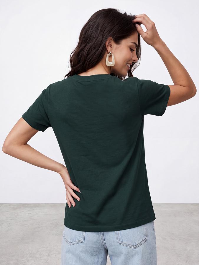 R&B Women Pine Green Bold Typographic Print Short Sleeves Pure Cotton Tshirt