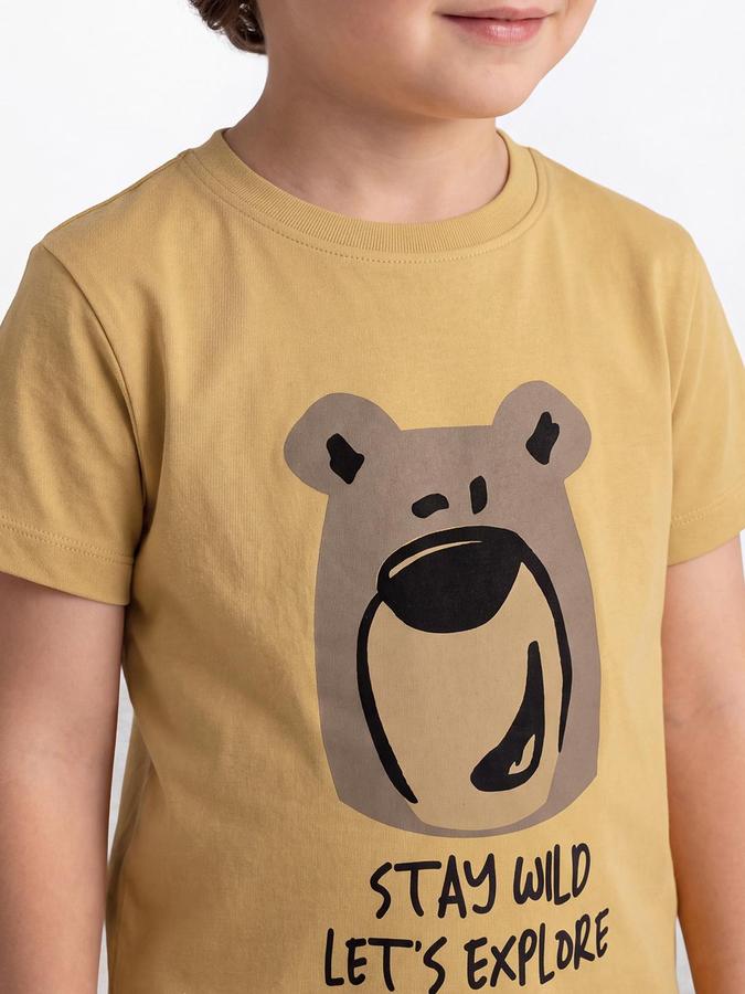 R&B Boys Mustard Short Sleeve Round Neck Cartoon Bear Graphic Print T-Shirt