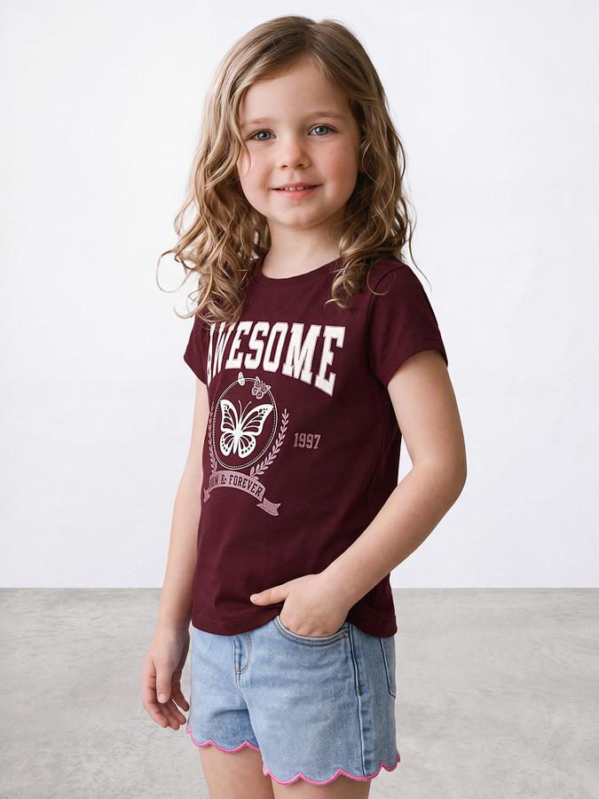 R&B Girls Red Graphic Print Short Sleeves Tshirt