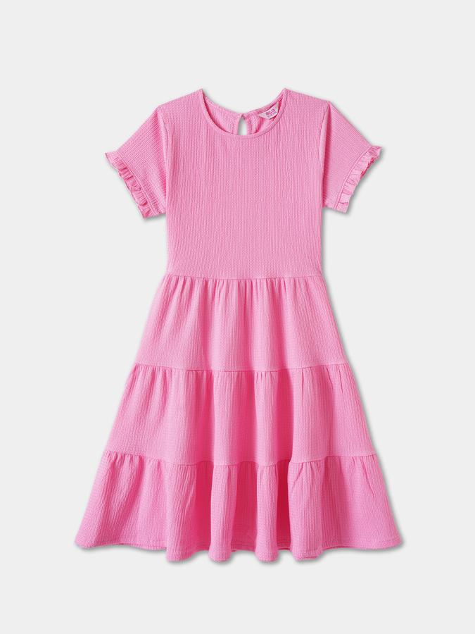 Girls Polyester A-Line Round Neck Tiered Dress
