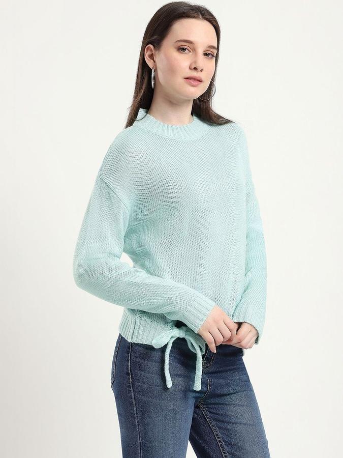 R&B Women Sea Green Round Neck Solid Long Sleeves Sweater