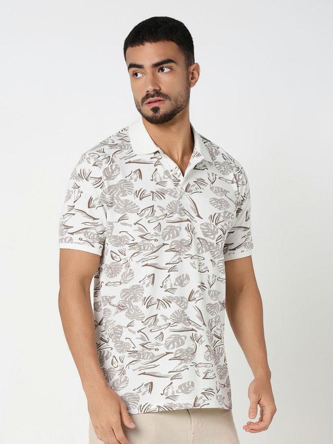 R&B Mens Ivory Floral Print Polo Collar Short Sleeves T-shirt