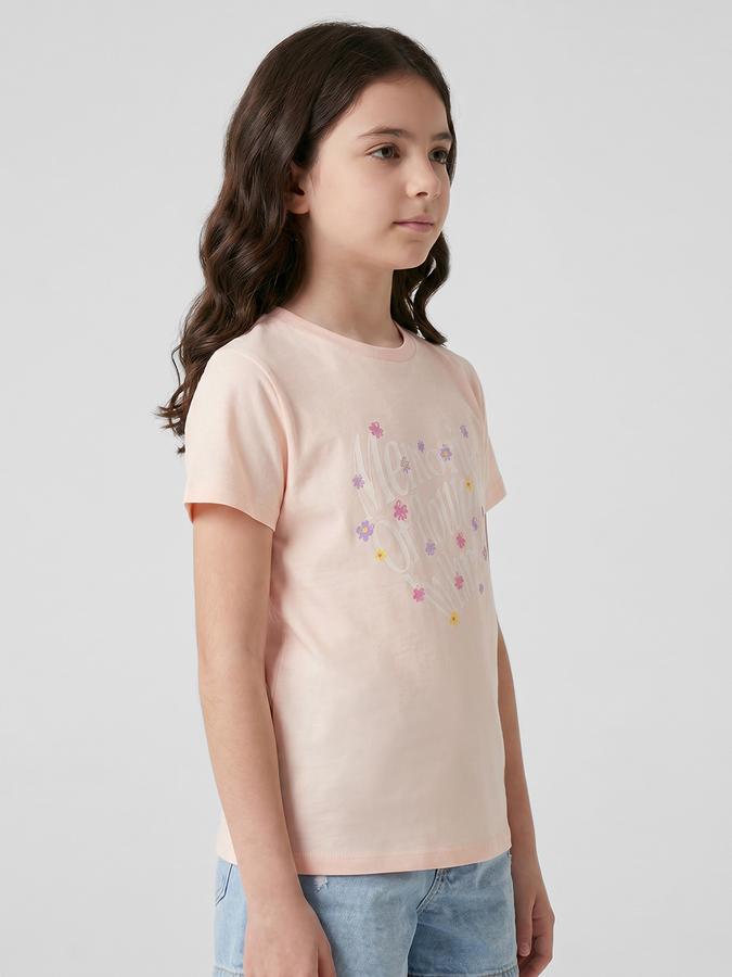 R&B Peach Graphic Print Girls Round Neck Regular Fit Short Sleeves T-Shirt 