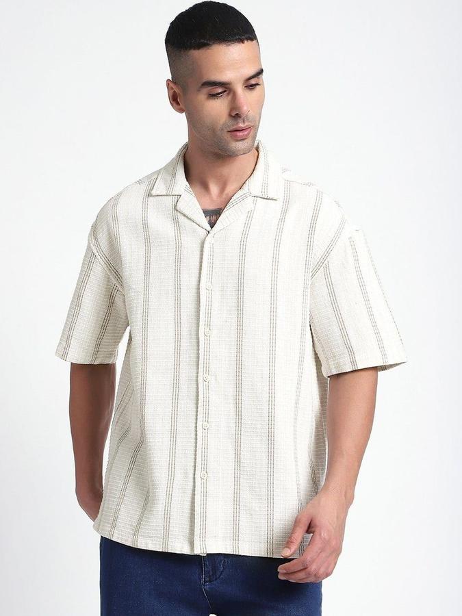 R&B Men Ivory Striped Half Sleeves Cuban Collar Shirt