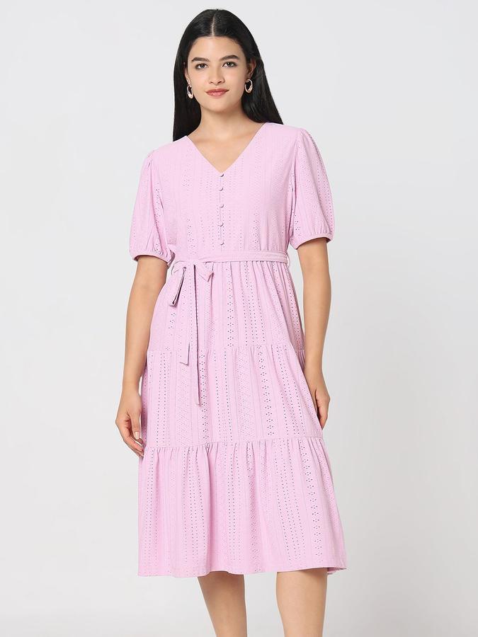 R&B Women Lilac Self Design Half Sleeves V-Neck Knee Length A-Line Dress