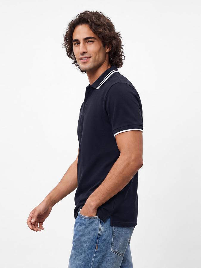 R&B Men Navy Blue Textured Short Sleeves Tipping Polo Collar Tshirt