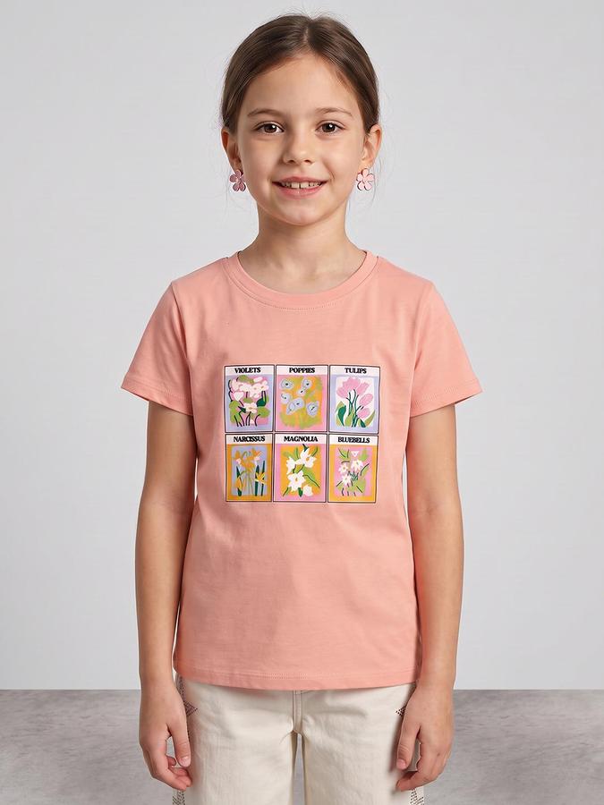 R&B Girls Peach Graphic Print Short Sleeves Round Neck Pure Cotton T-Shirt
