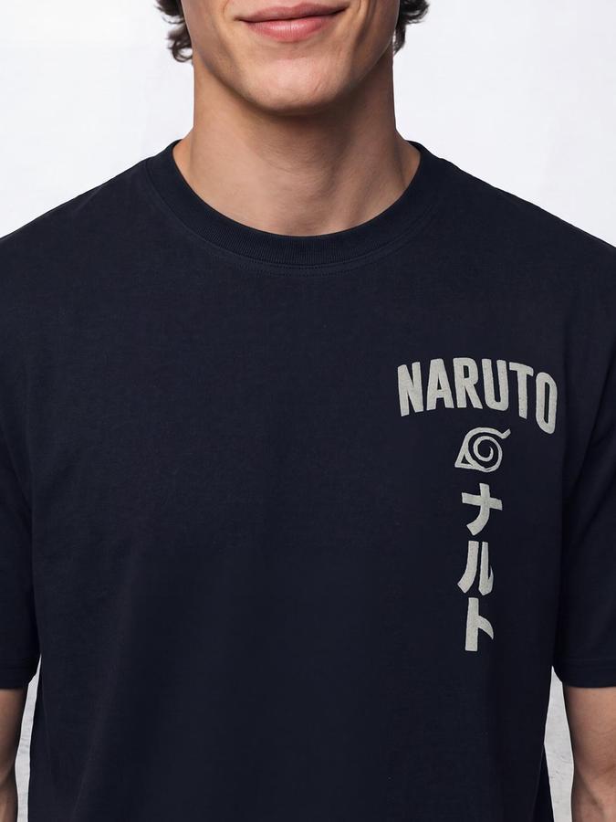 R&B Men Navy Blue Short Sleeve Naruto Graphic Back Print T-Shirt