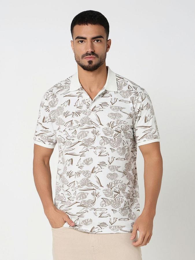 R&B Mens Ivory Floral Print Polo Collar Short Sleeves T-shirt
