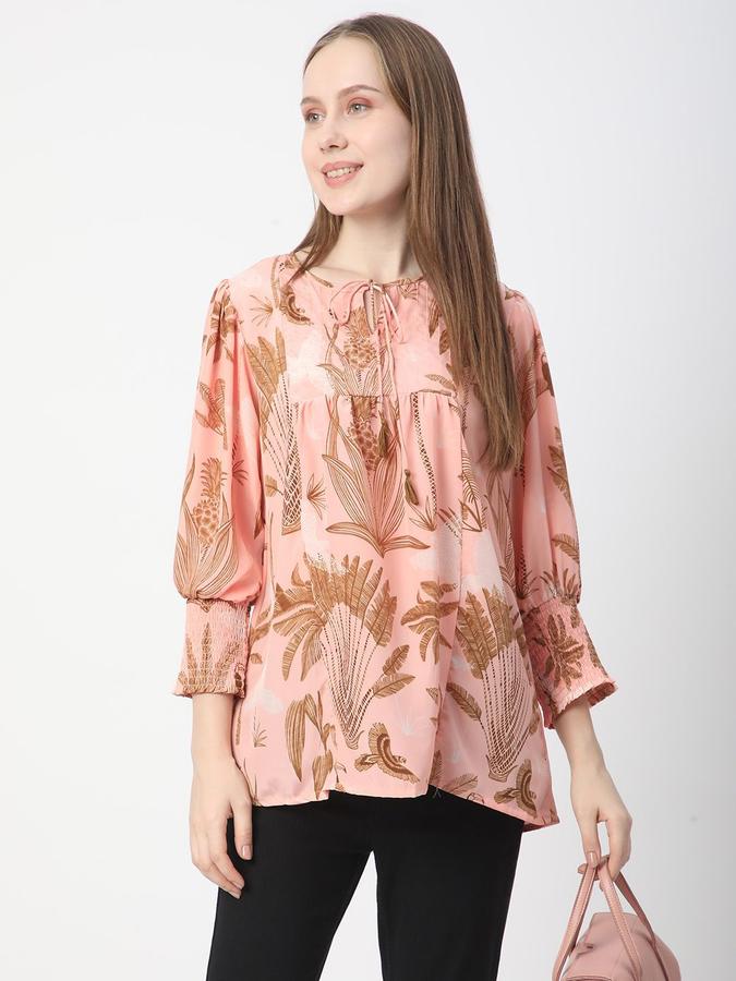 Women Crepe Relaxed Fit Tie Neck Printed Ethnic Top