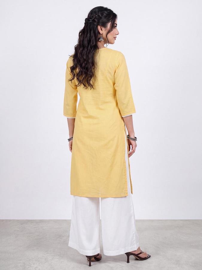 R&B Women Mustard Floral Embriodery Round Neck Three-Quarter Sleeves Straight Kurta