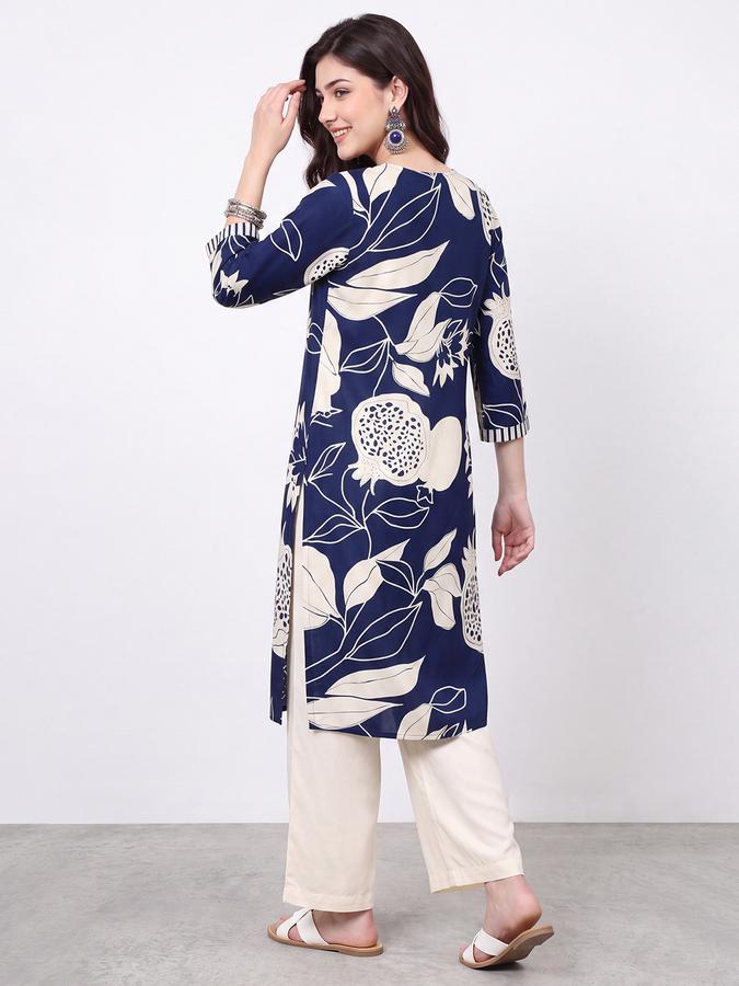 R&B Womens Navy Blue Three-Quarter Sleeves V Neck Floral Printed Straight Kurta