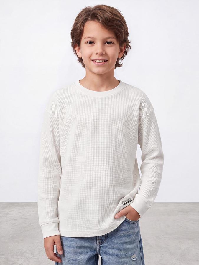 R&B Boys Ivory Long Sleeve Round Neck Textured T-Shirt