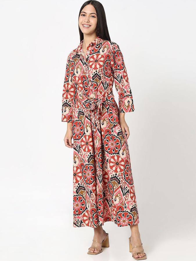 R&B Women Red Paisley Long Sleeves Shirt Collar Maxi Shirt Dress