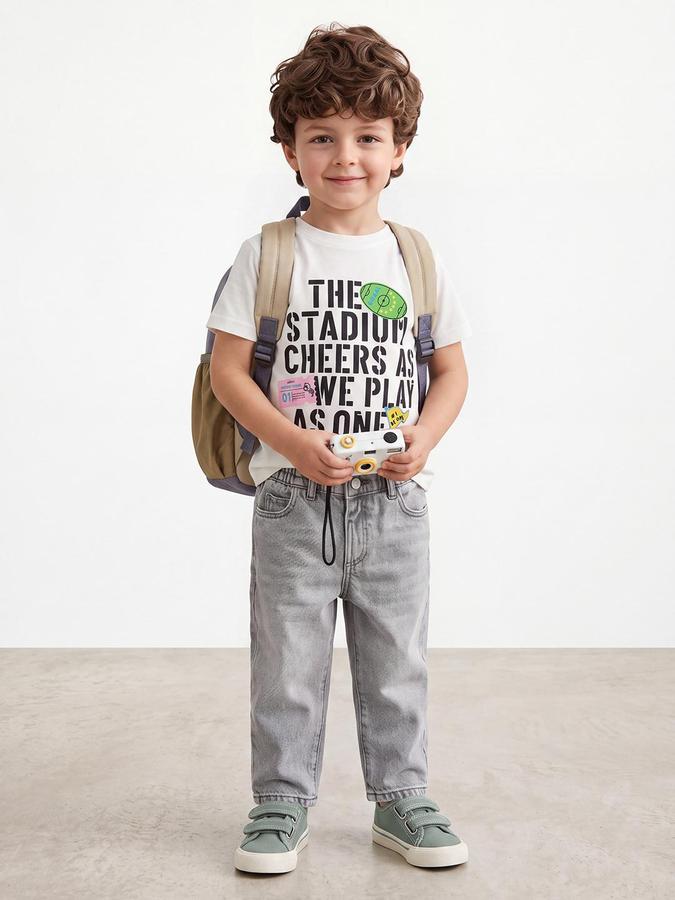 R&B Boys Ivory Typography Printed  Short Sleeves Pure Cotton T-shirt