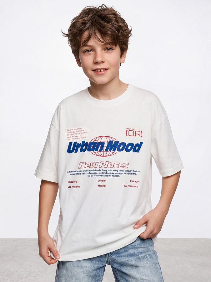 R&B Boys Ivory Short Sleeve Round Neck Typography Graphic Print T-Shirt