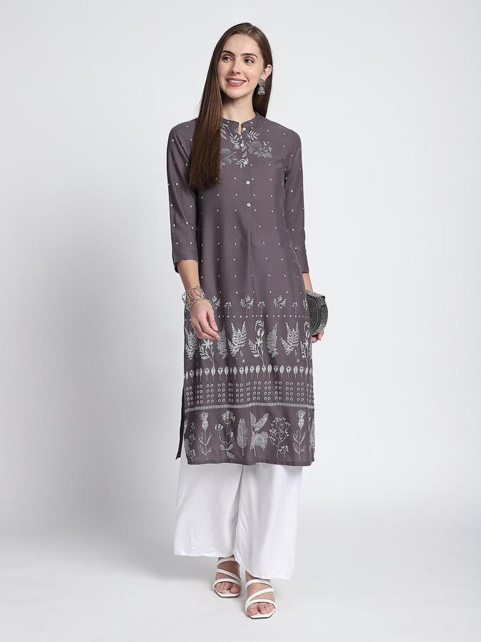R&B Women Grey Floral Print Mandarin Collar Knee Length Pure Viscose Ethnic Kurta