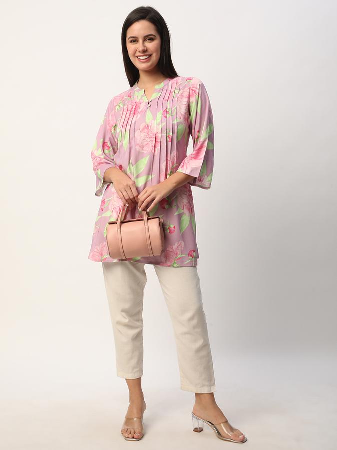 Women Rayon Regular Fit Mandarin Neck Printed Ethnic Top