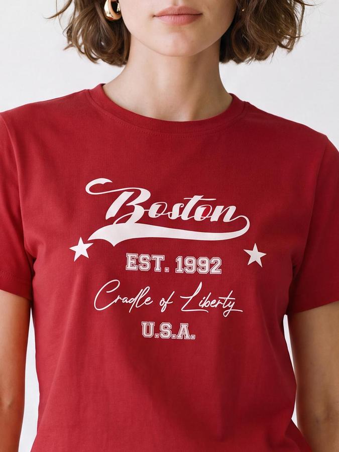 R&B Women Red Short Sleeve Round Neck Typography Graphic Print T-Shirt