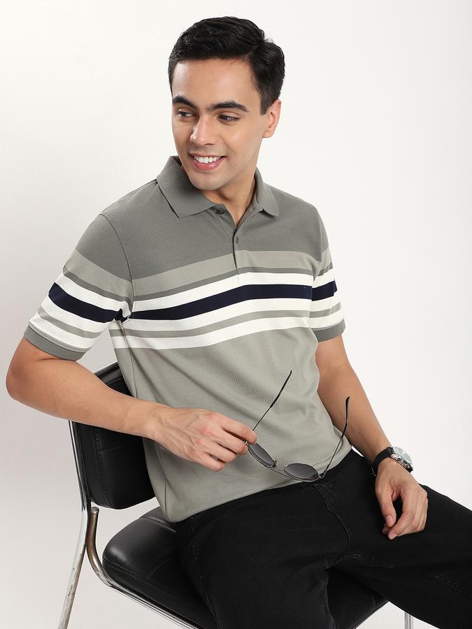 Men Cotton Blend Slim Fit Polo Neck Striped T-shirt