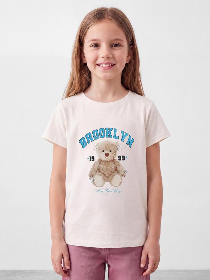 R&B Girls Egret Cream Graphic Print Short Sleeves Round Neck Pure Cotton T-Shirt