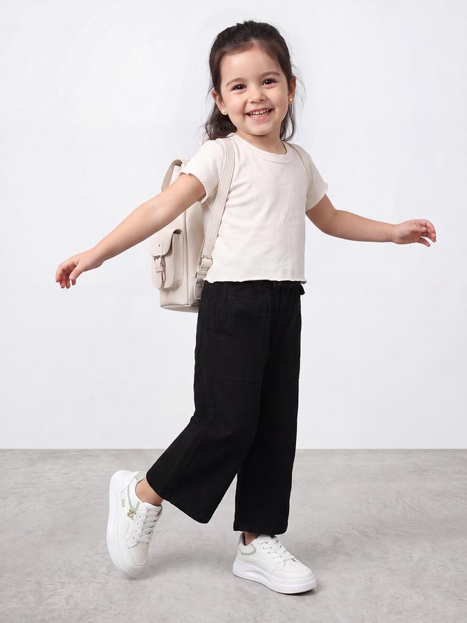 R&B Girls Black Solid Pure Cotton Wide Leg Mid Rise Trousers
